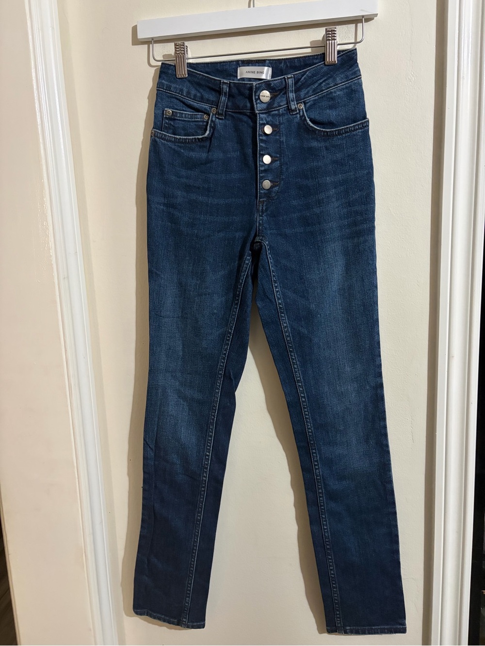Anine Bing Button-Front Skinny Jeans in Dark Indigo